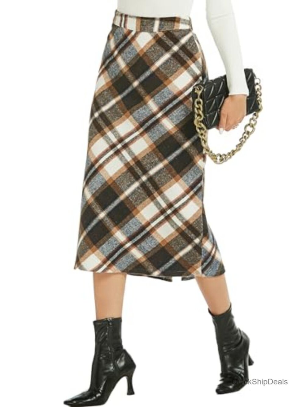 Womens Plaid Midi Pencil Skirt Straight A-Line Fall Winter Office